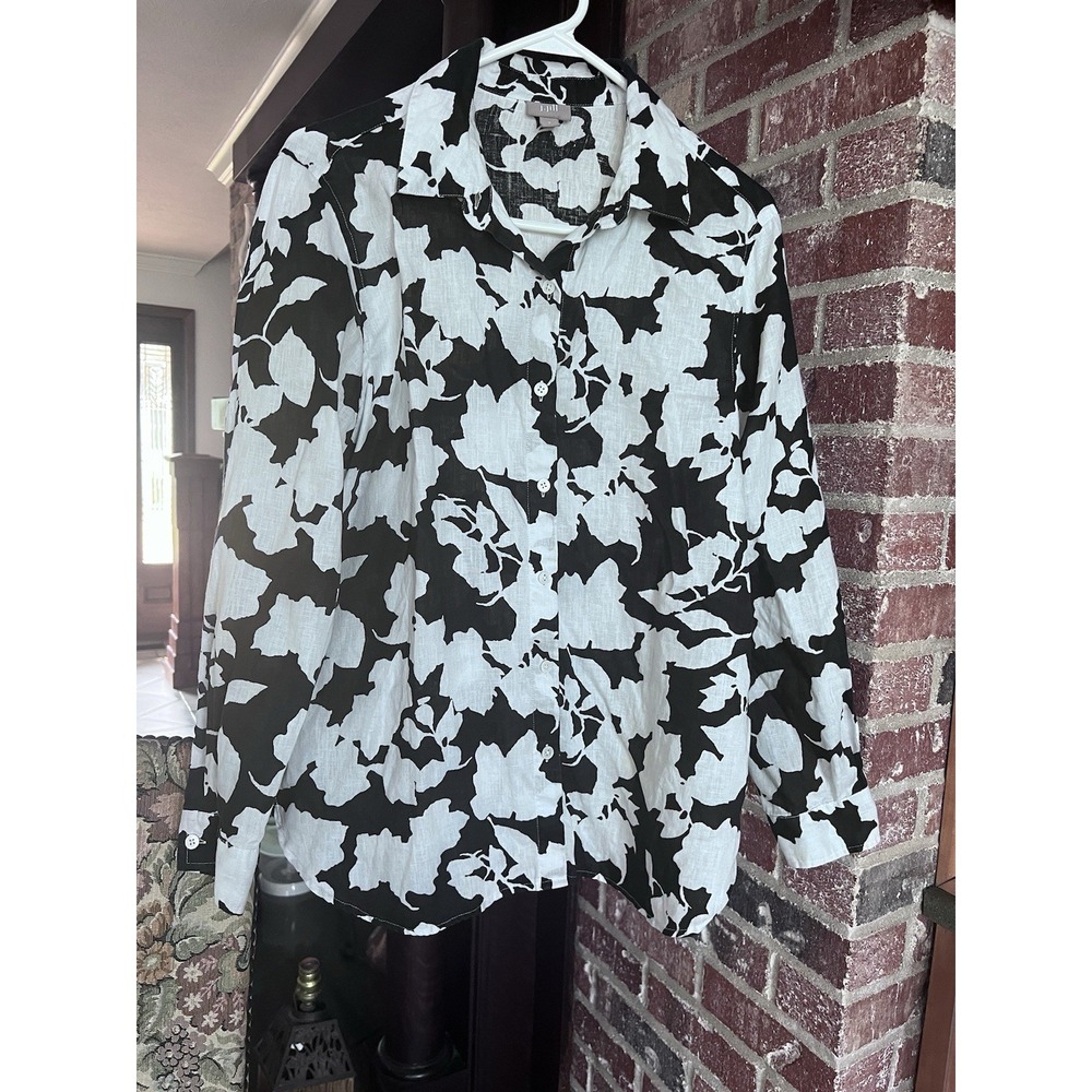 J. Jill Black White Floral‎ Linen Button Down  S Women's  Blouse Spring Summer